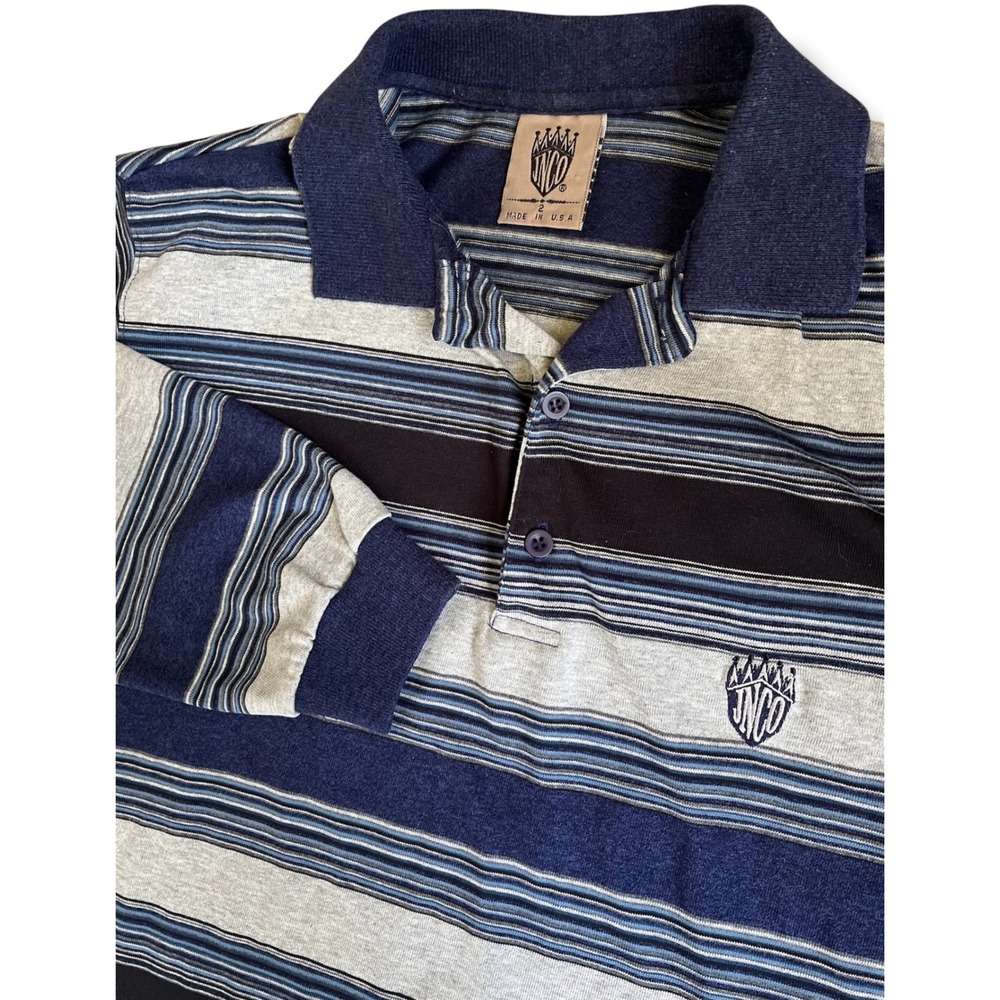 Vintage JNCO Jeans Striped Long Sleeve Polo Shirt Mens Medium Blue Grey USA Made